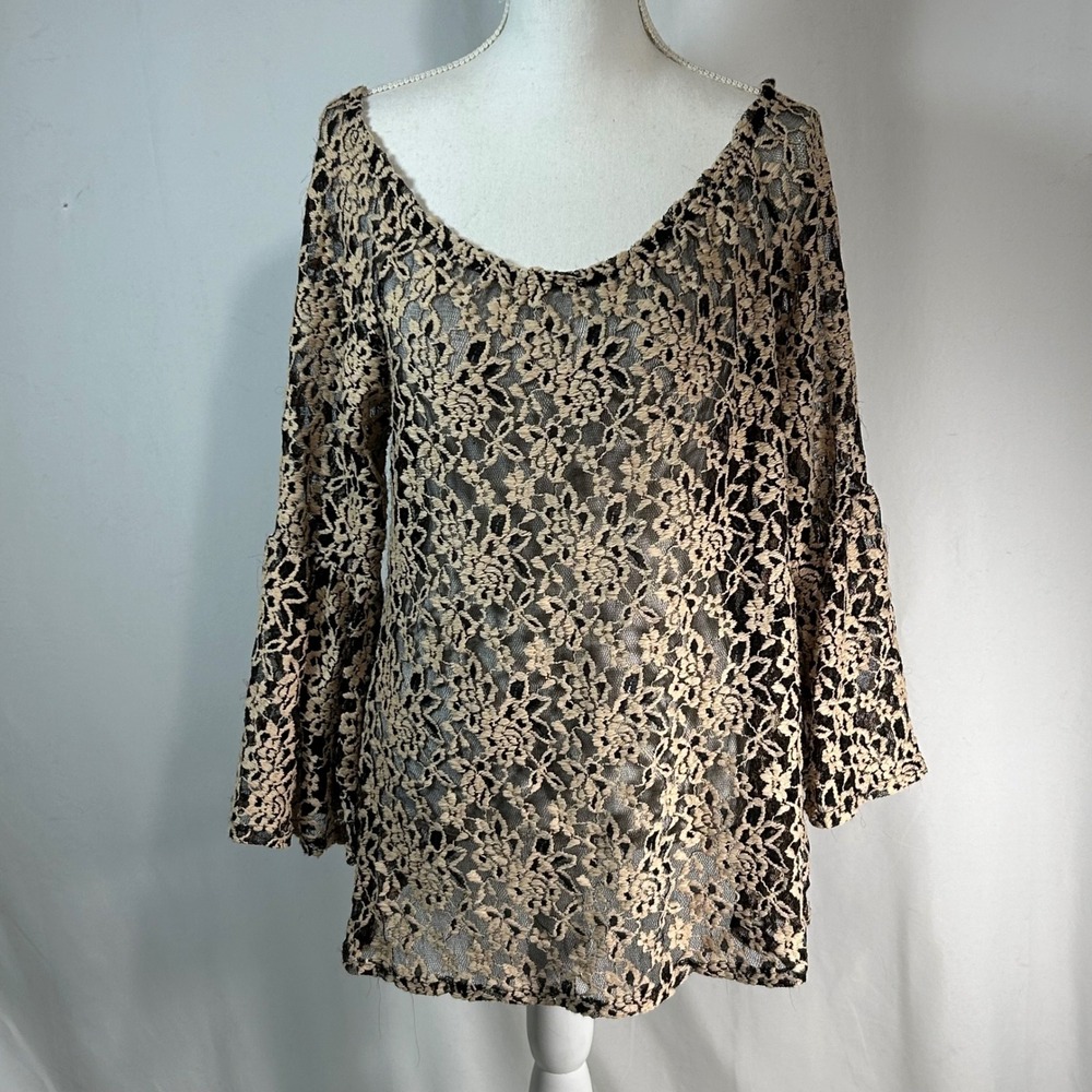 Black Beige Lace Bell Sleeve‎ Scoop Neck Tunic Top Medium Oversized